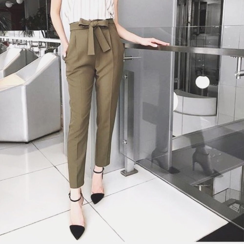 High Waist Belted Ankle Office Pants